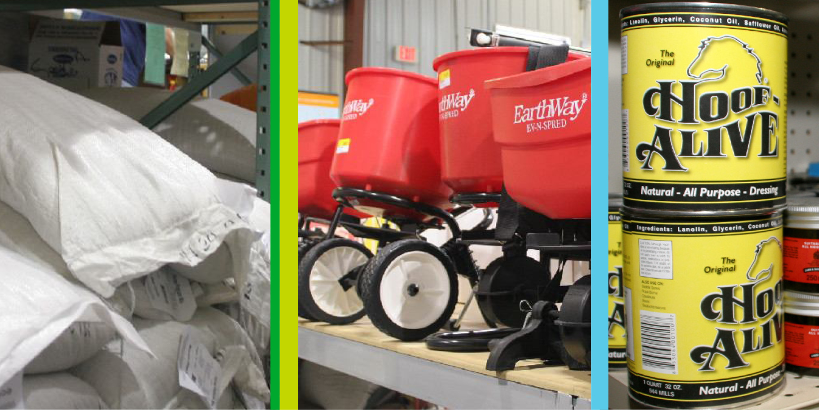 Collage of Hoof Alive and EarthWay spreaders