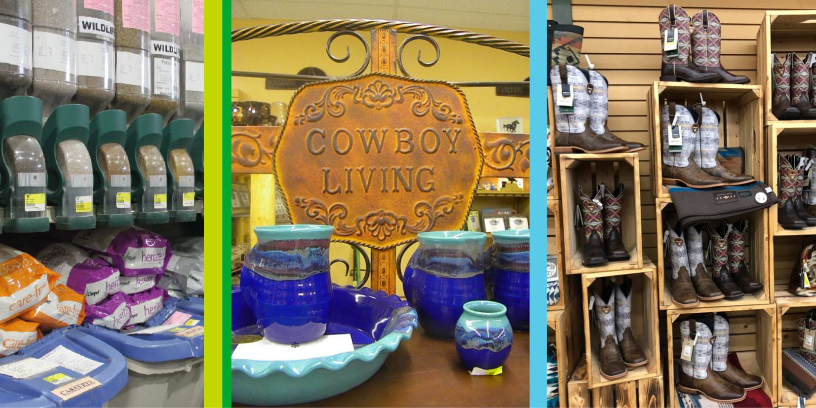 Collage of seed dispensers, yard decorations and cowboy boots