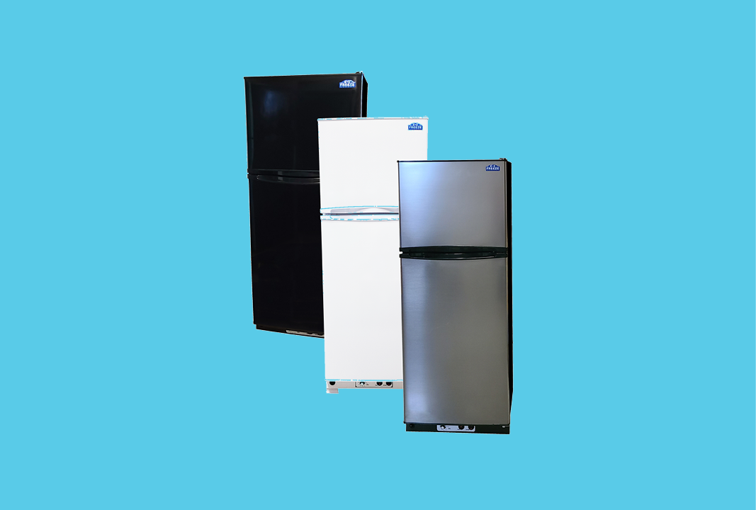 Black, white and silver top-mount fridges