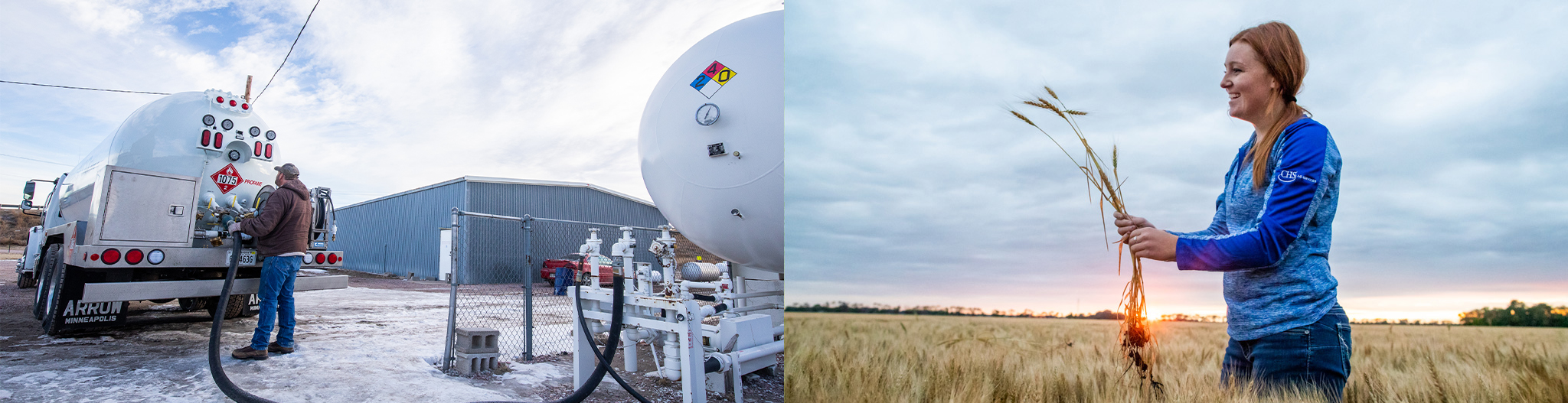 Side-by-side of man refilling a propane truck and woman inspecting a wheat stalk
