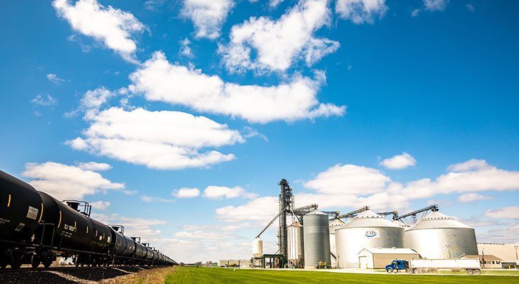 Grain bins near the railroad.