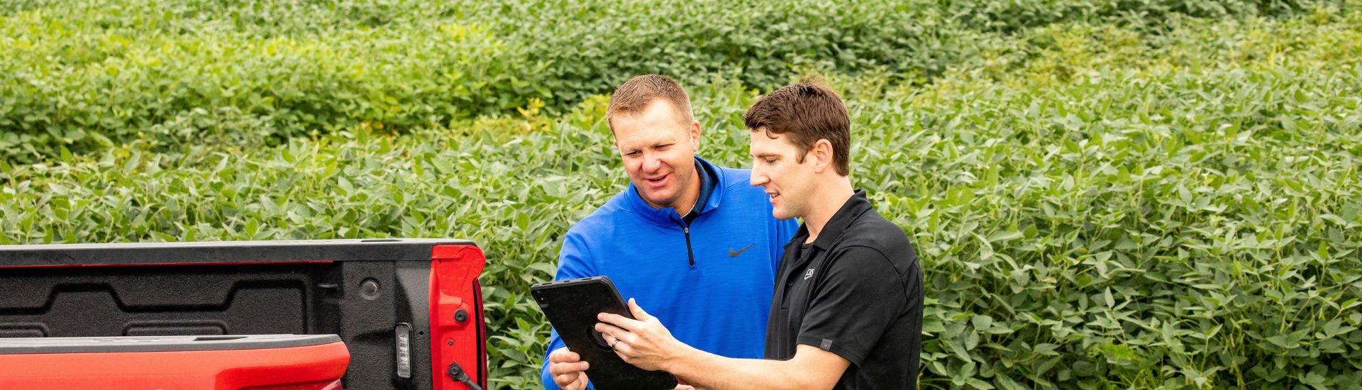 Two men looking at a tablet
